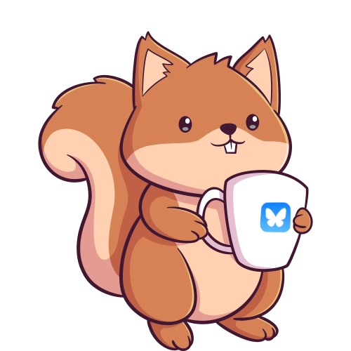 Link to Bluesky in the form of a squirrel drinking its morning coffee. Painted by Alice Alexandra Moore.