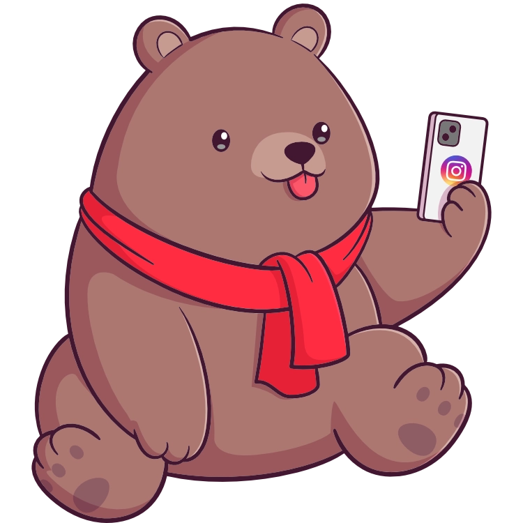 Link to Instagram in the form of an illustrated polar bear taking a selfie. Painted dby Alice Alexandra Moore.