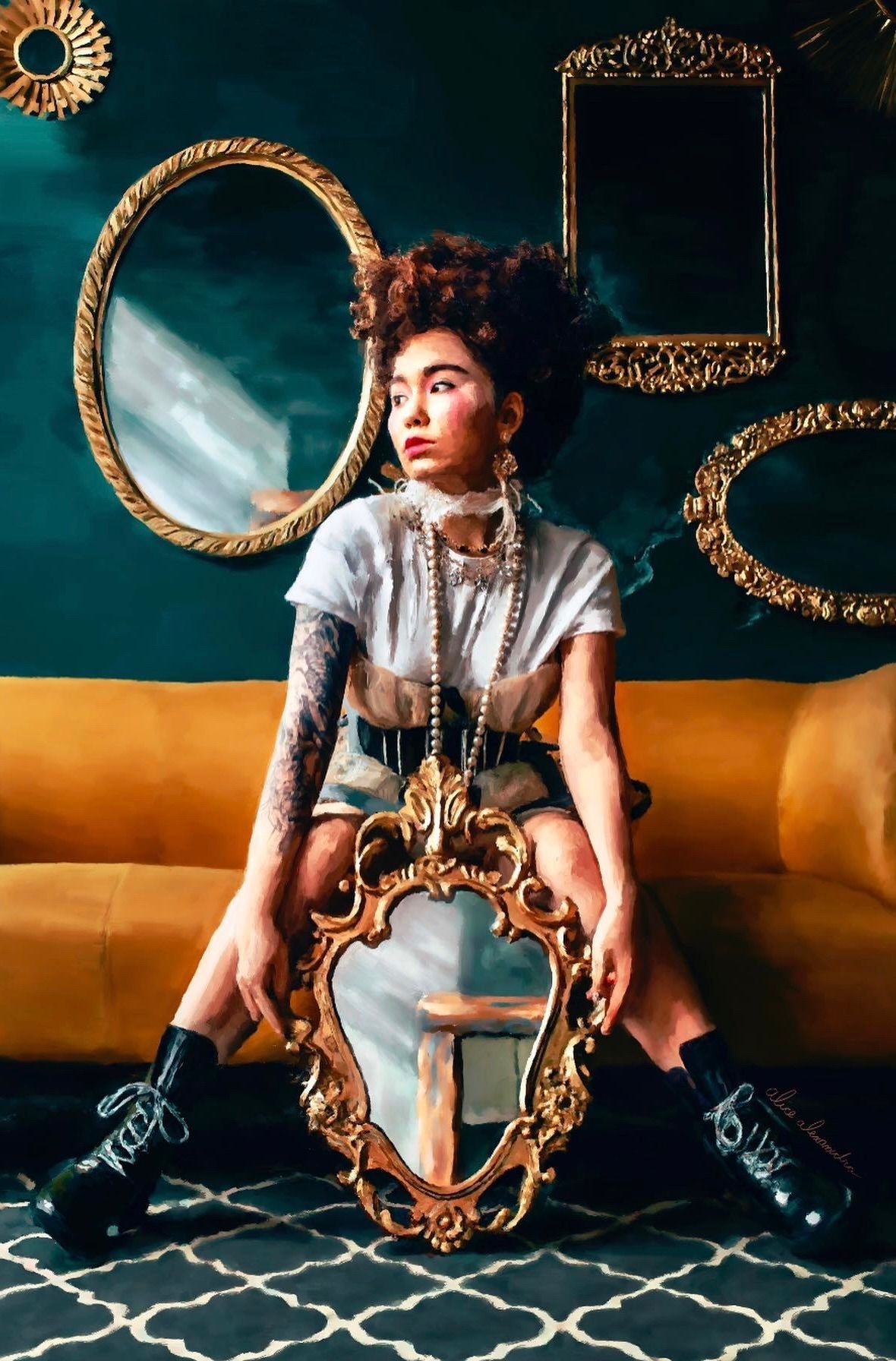 Painting of a person sitting, holding a mirror. By Alice Alexandra Moore.