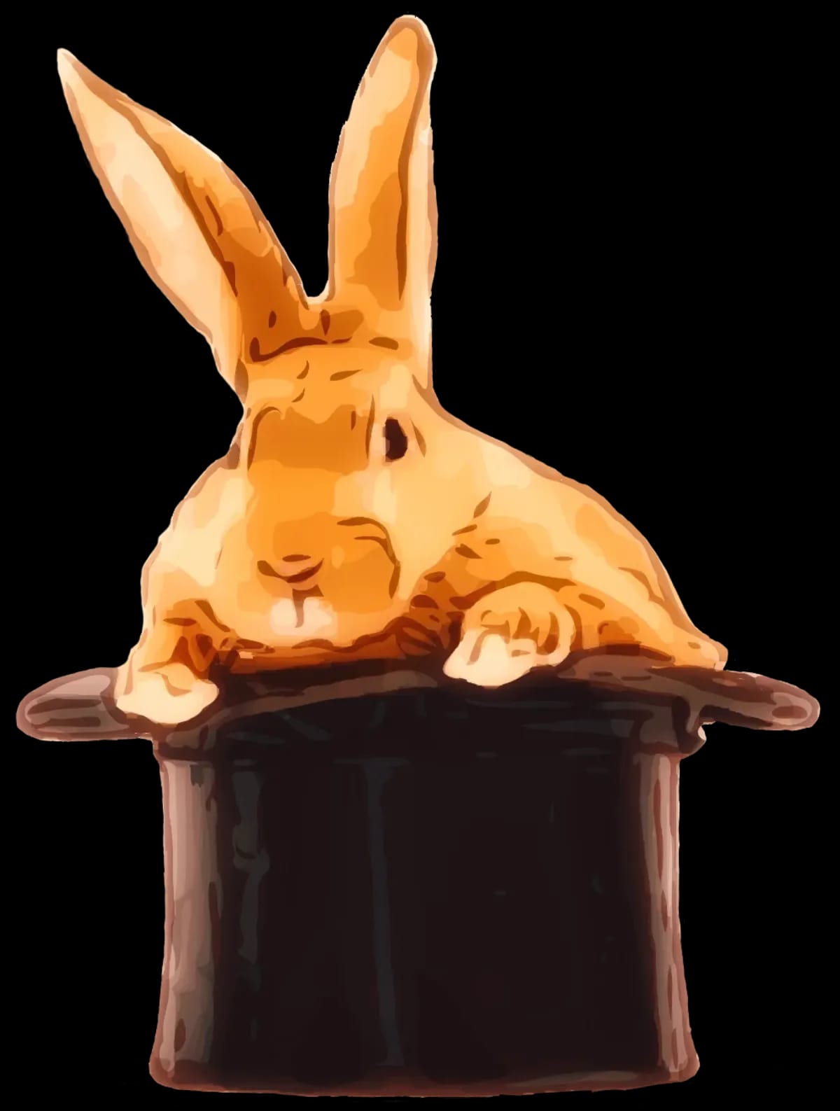 A painting of a rabbit coming out of a hat.