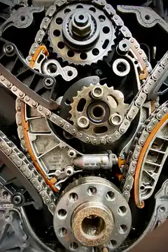 A close-up of engine gears and timing chains.