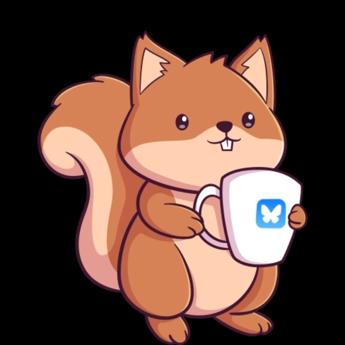 Link to Bluesky in the form of a squirrel drinking its morning coffee. Painted by Alice Alexandra Moore.