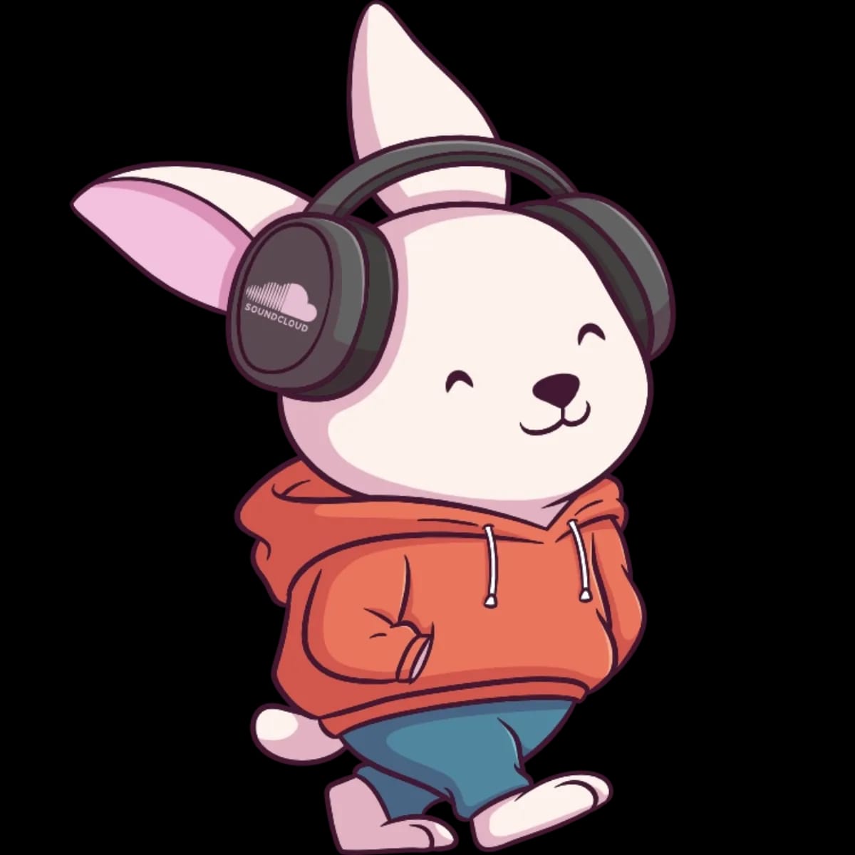 Link to Soundcloud in the form of an illustrated rabbit wearing headphones. Painted by Alice Alexandra Moore.