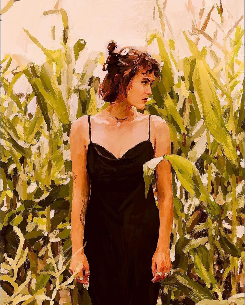 Painting of a woman in a cornfield.
